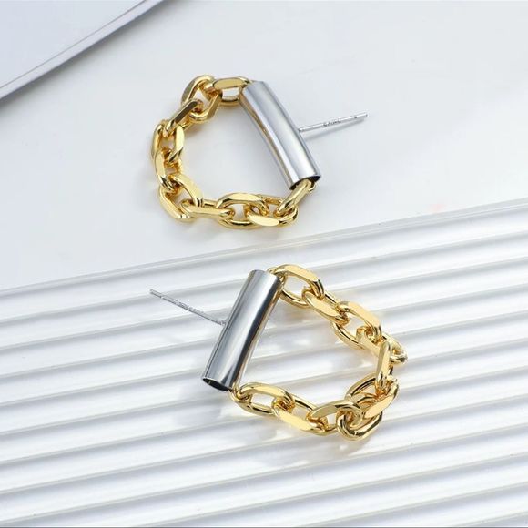 GOLD & SILVER PLATED STAINLESS STEEL GEOMETRIC CHAIN DANGLE DROP INDUSTRIAL EAR - Picture 6 of 14